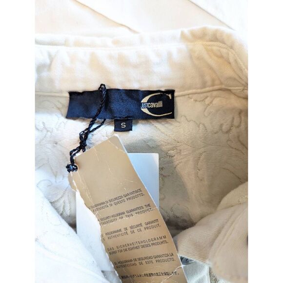 justcavalli cream/gold 6 pocket denim jacket button front sparkly back sz s nwt - Picture 7 of 8